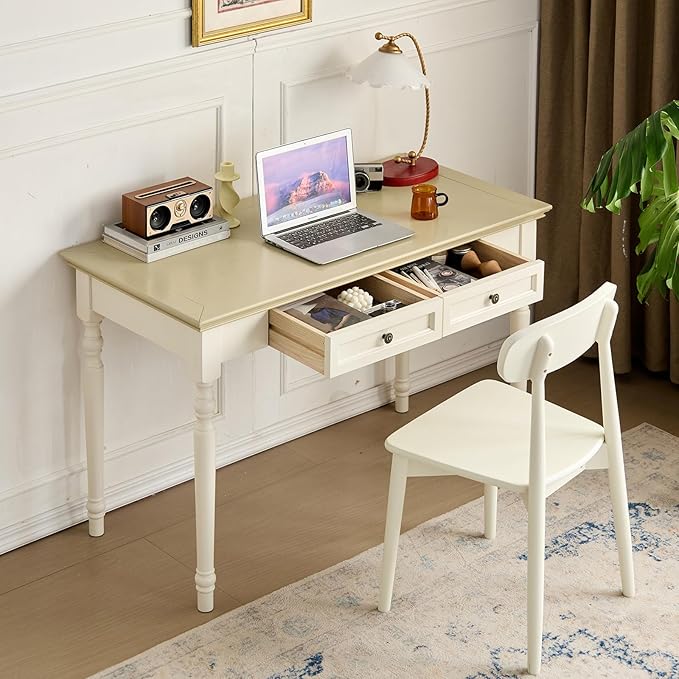 French Country Desk Farmhouse Writing Desk Solid Wood Computer Table with Drawers 35” Home Office Study Living Room Furniture Rustic Beige Finish (Beige 35in)