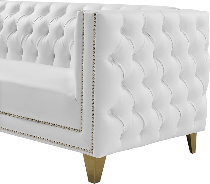 Meridian Furniture 651White-L Michelle Collection Modern | Contemporary Loveseat with Deep Button Tufting Gold Nailhead Trim and Sturdy Gold Iron Legs White Vegan Leather 66 W x 34 D x 30 H
