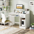 Giantex White Desk with Drawers Modern Home Office Desk with Keyboard Tray Monitor Stand &amp Adjustable Shelf PC Laptop Table Computer Workstation Study Writing Desk for Small Spaces Bedroom