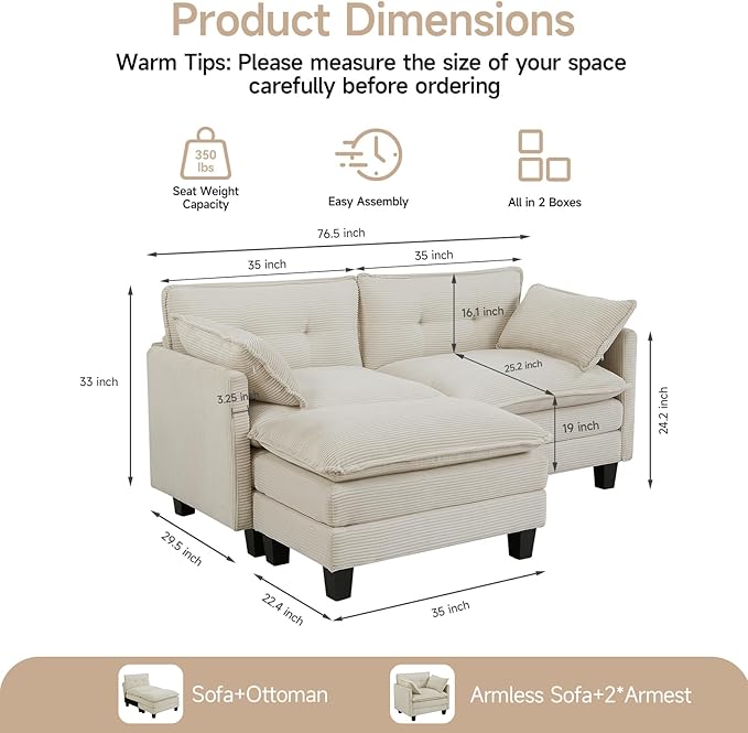 Modular Sectional Sofa 76.5 L-Shaped Corduroy Comfy Sectional Couches for Living Room 2-Seater Cloud Couches with 1 Movable Ottoman Flexible Combination Modern Deep Seat Sofa (Beige)