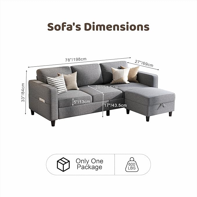 Sectional Sofas Couches for Living Room 78 L-Shaped Couch - Modern Linen Grey Sofa with Storage Ottoman for Apartments Studios &amp Home Offices Small Space