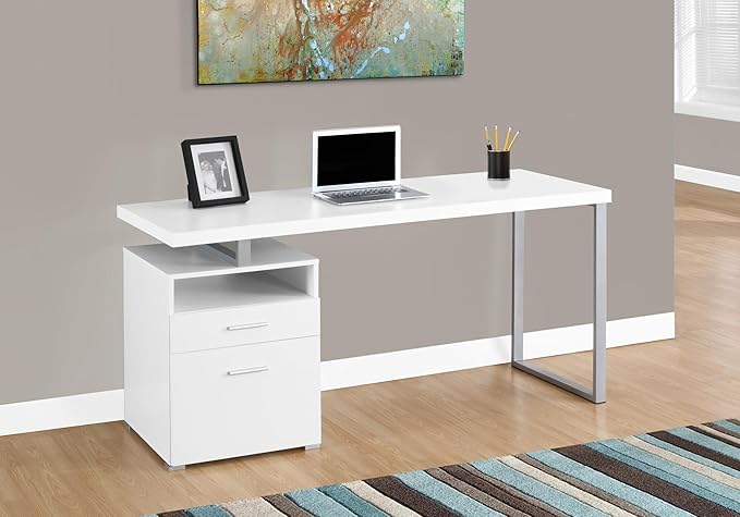 Monarch Specialties Computer Writing Desk for Home &amp Office Laptop Table with Drawers Open Shelf and File Cabinet-Left or Right Set Up 60 L White