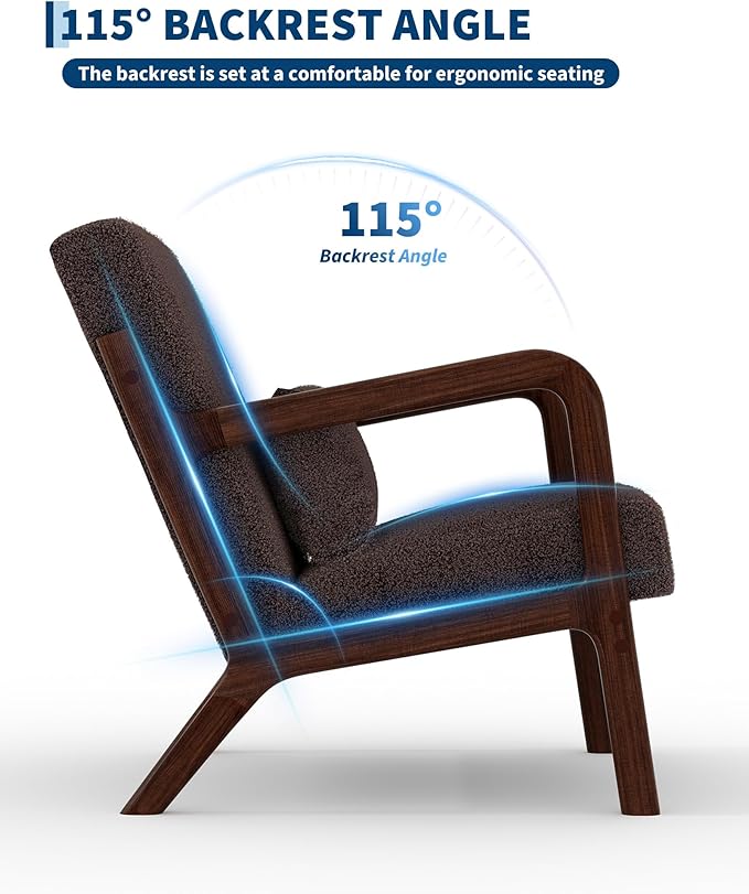 Garvee Mid-Century Modern Accent Chair Sherpa Upholstery Solid Wood Armchair with Removable Lumbar Pillow Sturdy Reading Chair for Living Room Bedroom Guest Room Easy Assembly Brown