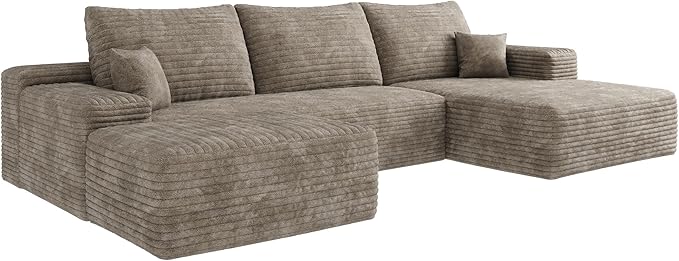 Oversized Corduroy Sectional Boneless Couch 108 W U Shaped Modular Sectional Sofa with Chaise/Ottoman No Assembly Required Compress Couches for Living Room (Camel 3 seater+Ottoman+Left Chaise)
