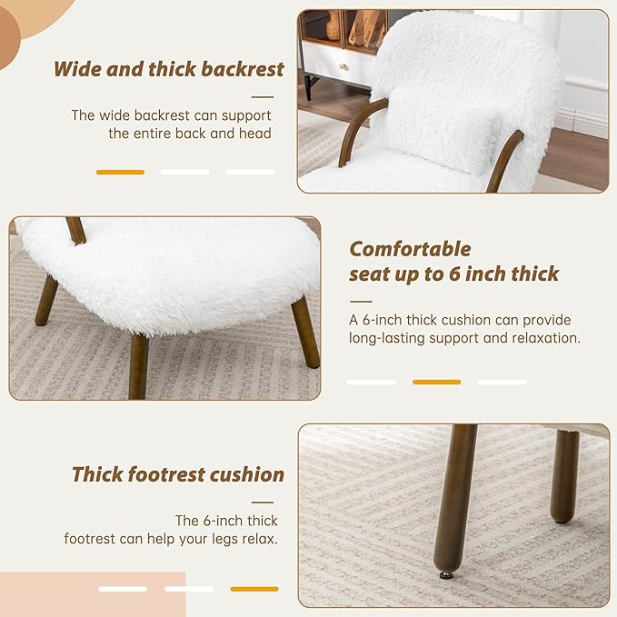 Modern Corduroy Accent Chair with Ottoman White Upholstered Lounge Chair Set with Wood Arms Living Room Furniture 31.5 Height (Artificial Fur White)