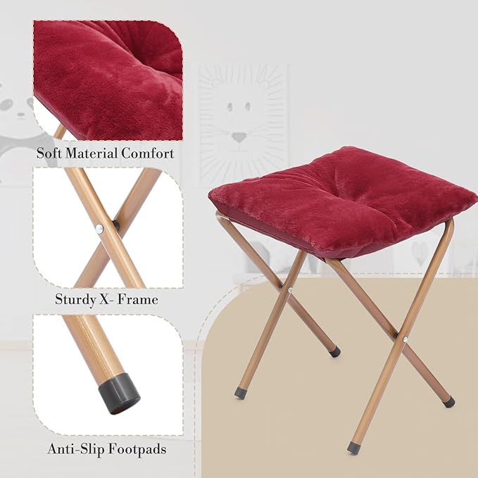 Athena Collection Round Saucer Chair with Ottoman Set of 2 for Adults Oversize Comfy Cozy Faux Fur Folding Reading Chair with Metal Leg Lazy Relaxing for Living Room Bedroom Dorm Apartment Red