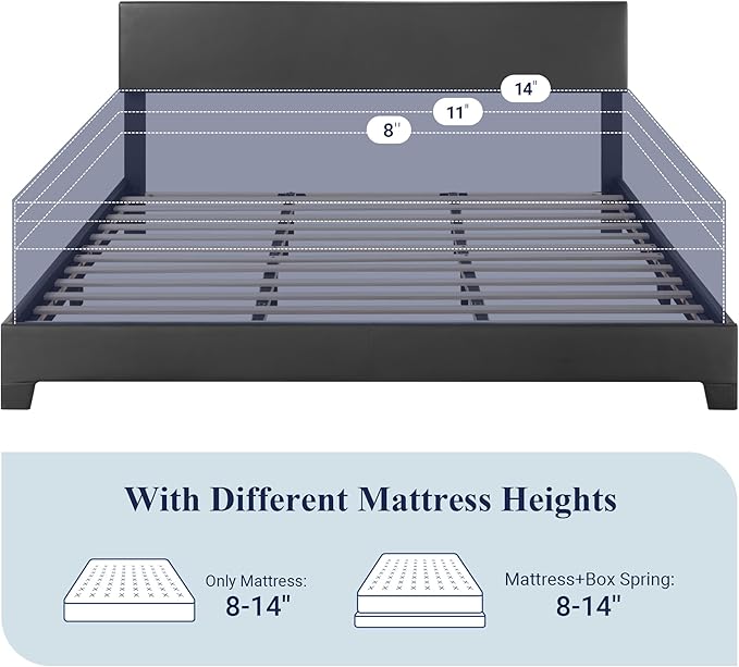 Allewie King Size Bed Frame with Adjustable Headboard Faux Leather Platform Bed with Wood Slats Heavy Duty Mattress Foundation No Box Spring Needed Noise-Free Easy Assembly Black