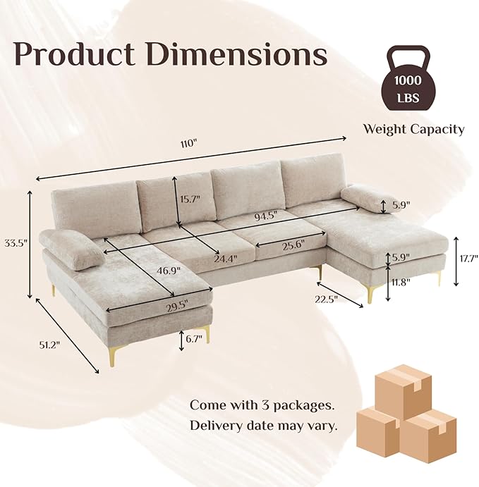Karl home Convertible Sectional Sofa 110 U-Shape Sofa Couch 4-Seat Couch with Chaise ChenilleFabric Upholstered for Living Room Apartment Office Camel
