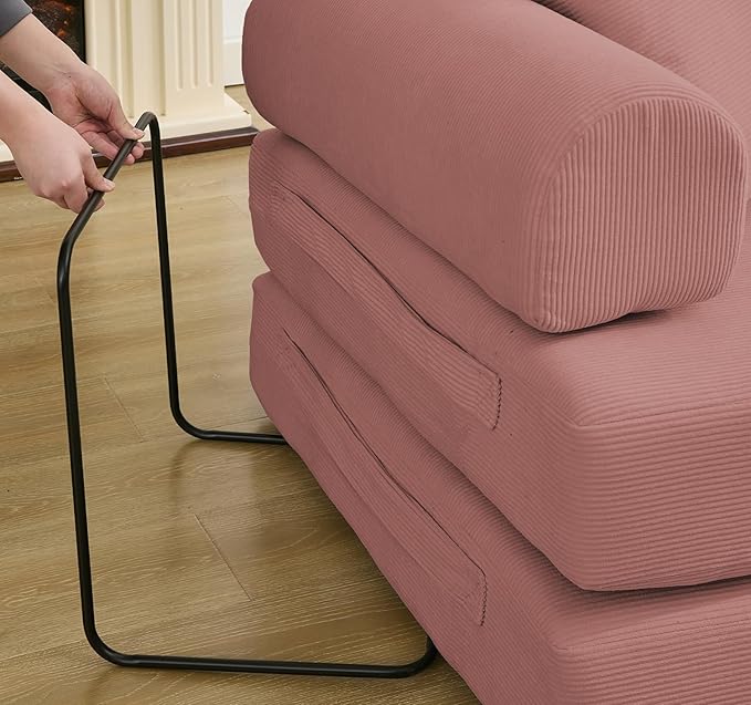 Convertible Folding Sofa Bed Modular Floor Sofa with Removable Backrest 3-Seater Fold Out Couch Bed with Pillows King Size Futon Lazy Couch Corduroy Sleeper for Living Room Dorm Dark Pink