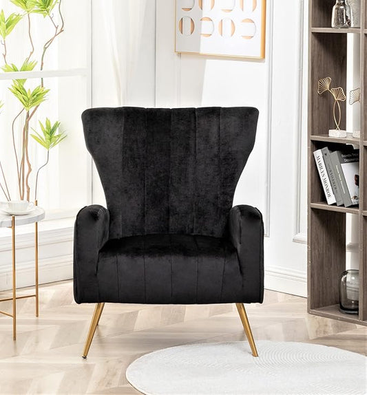 Modern Velvet Accent Chair Channel Tufted Bedroom Office or Living Room Furniture with Elegant Metal Legs 26 Wide Armchair Black