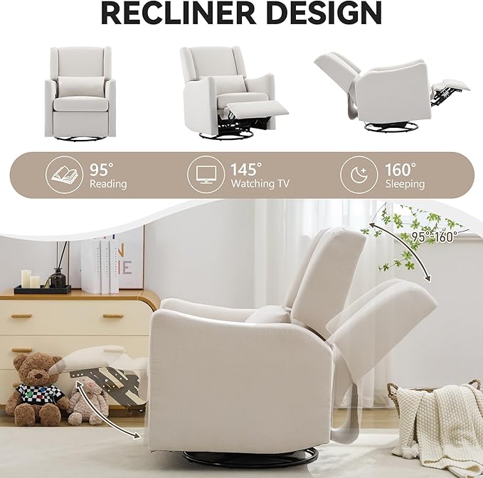 Lazy Boy Glider Recliner Nursery Chair with Wingback Swivel Rocking Recliner for Small Spaces Thick Cushion Linen (Beige)