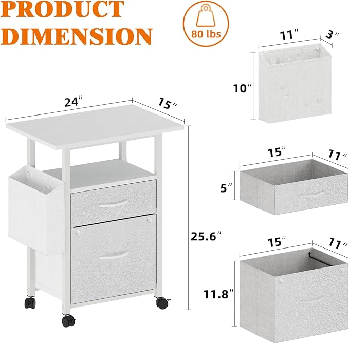 GYIIYUO 2 Drawer File Cabinet with 24'' Extended Desktop Mobile Filing Cabinet Rolling File Cabinet with Side Bag Fabric Drawer Fits A4/Letter Size Printer Stand Home Office White