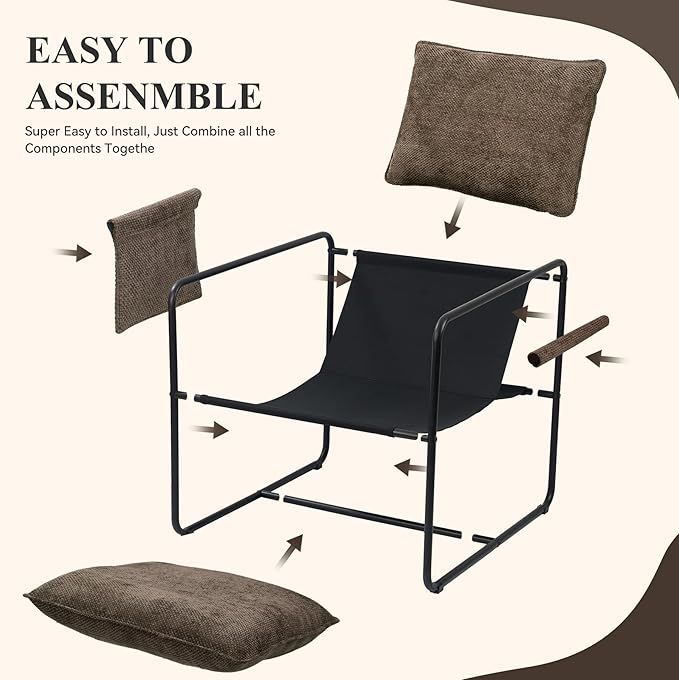 Accent Chair with Metal Frame Upholstered Living Room Chairs with Cushions Comfy Reading Armchair for Bedroom Brown