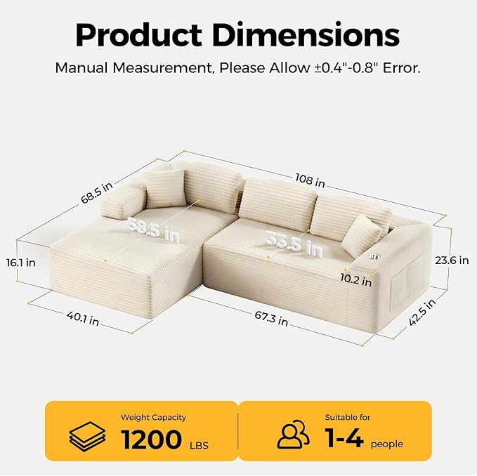 108” Cloud Sectional Couch in One Box Compressed Modular Sectional Sofa with Deep Seat Corduroy Boneless Couches L-Shaped Sofa for Living Room 4 Storage Pockets(Left Facing Chaise Beige)