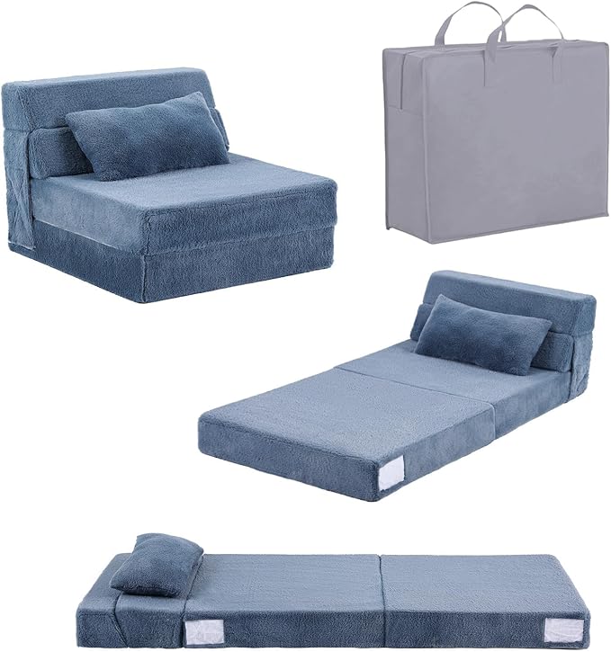 Tiita Convertible Folding Kids Sofa Bed with Pillow &amp Storage Bag Plush Fabric Floor Mattress Couch Bed Washable Cover Kids Room Playroom Dorm Apartment Blue Grey