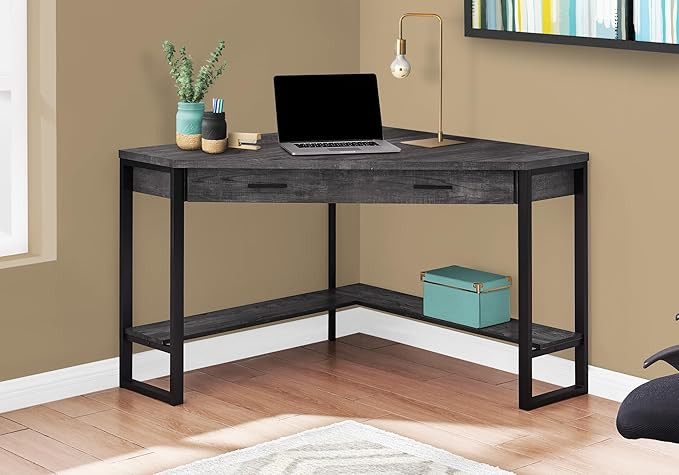 Pemberly Row Corner Computer Desk 42 W x 42 D x 30 H Black Reclaimed Wood Finish with Metal Frame 1 Drawer and Bottom Shelf Traditional Style Home Office Desk for Laptop or Workstation Use