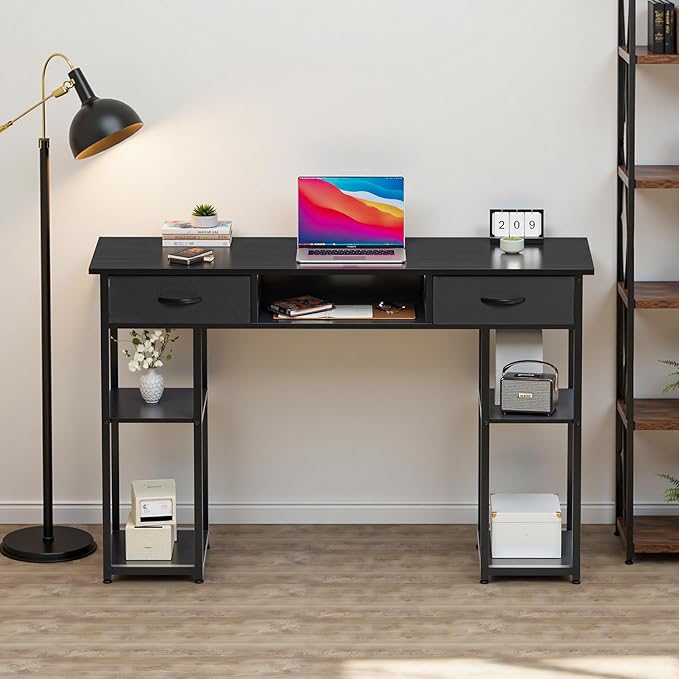 OLIXIS Desk with Storage Fabric Drawers-48 Inch Home Office Computer Desk for Small Space BedroomModern Study Work Gaming Writing Table PC DesksChic Black