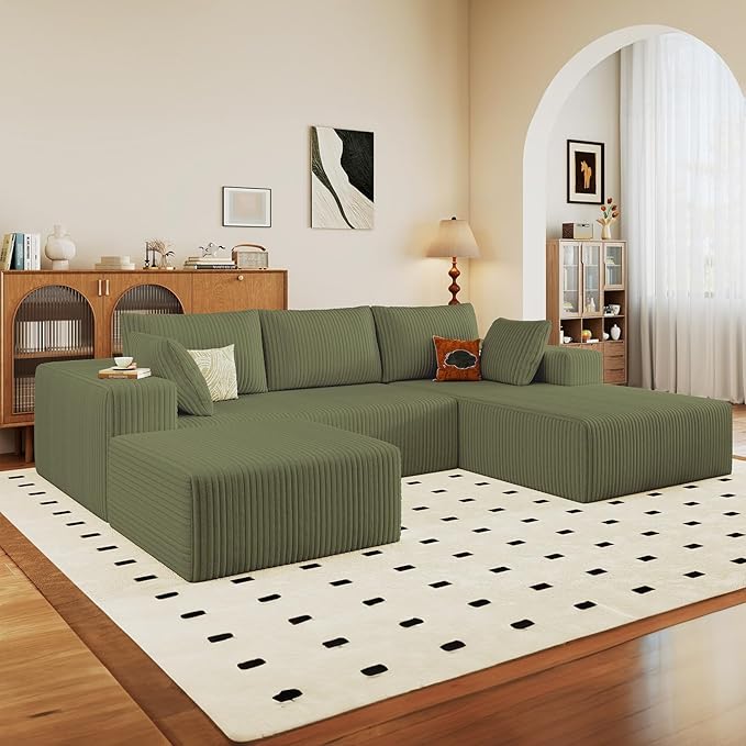 96 U Shaped Cloud Sectional Couch with Fluffy Corduroy Deep Memory Foam Seats Sofa with 1 Ottoman for Living Room No Assembly Required(GreenRight-Facing Chaise)
