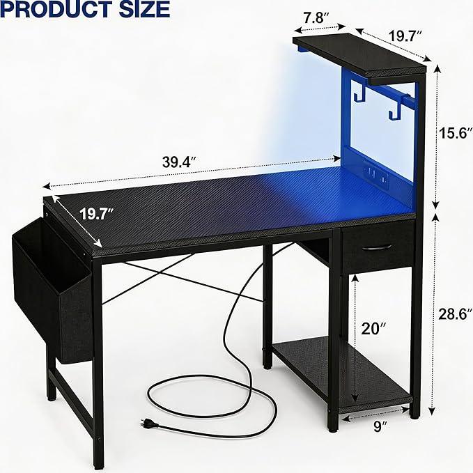 Grandder Gaming Desk 40 Inch with Power Outlet and LED Light Computer Desk with Reversible Shelves and Storage Drawer Pc Small Desk for Home Office Table with Bag Carbon Fiber Black