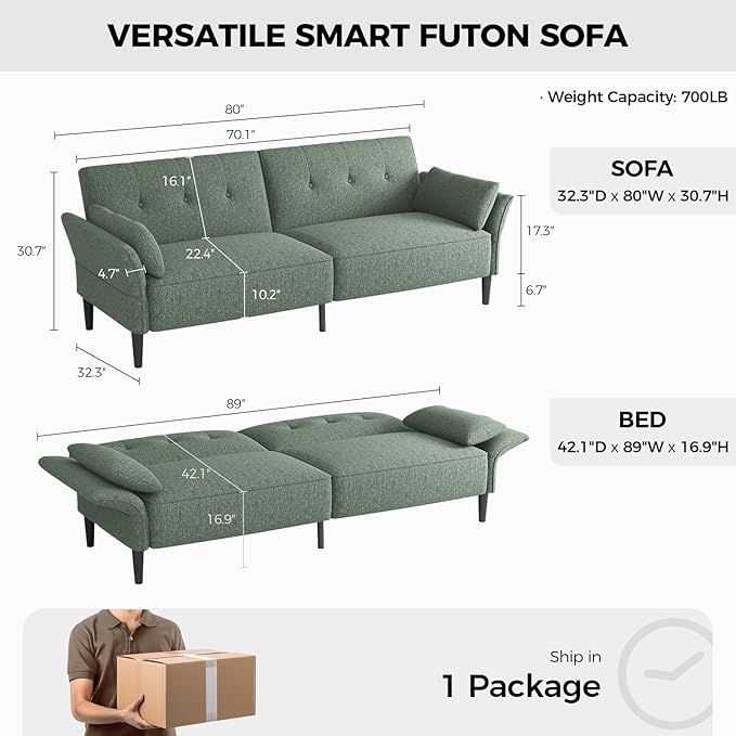 89” Futon Sofa BedComfy Futon Couch Bed with 2 Square PillowsConvertible Sleeper Sofa with Adjustable Backrest&amp Armrests Modern Loveseat Sleeper for Living Room Bedroom Linen Green