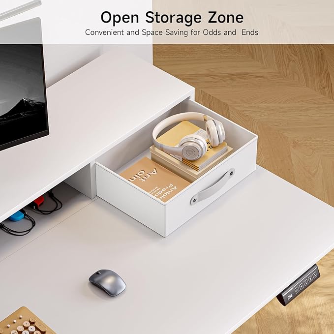 ONBRILL Standing Desk with Drawers 55x24 Inch Electric Stand Up Desk with 3 Drawers and Open Storage Shelf Adjustable Height 28-46 Inches for Home and Computer Workstation White