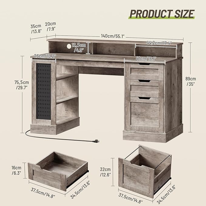 55-Inch Farmhouse Executive Desk with 2 Drawers and File Cabinet Computer Desk with 3-Tier Storage Shelves Home Office Desk with Charging Station Pegboard and Monitor Shelf Gray