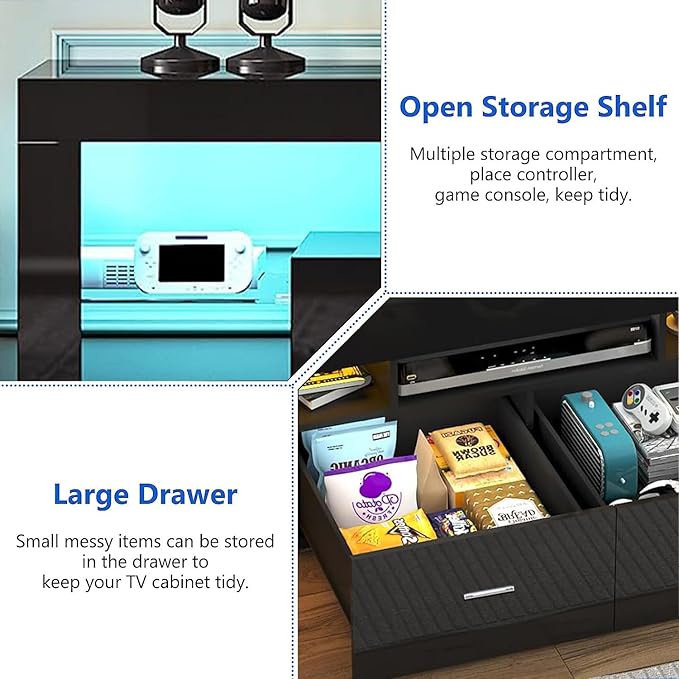 Black 63 Inch Floating TV Stand with Two Drawers &amp 16-Color LED Lights Large Modern Entertainment Center for TVs Up to 75 Inches Wooden Media Console with Open Shelf