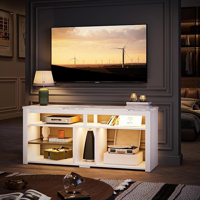 Bestier LED Tall Entertainment Center for PS4 55 inch TV Stand for 55/60/65 inch TV TV Console with Storage Media TV Cabinet with Adjustable Shelf for Living Room White Marble