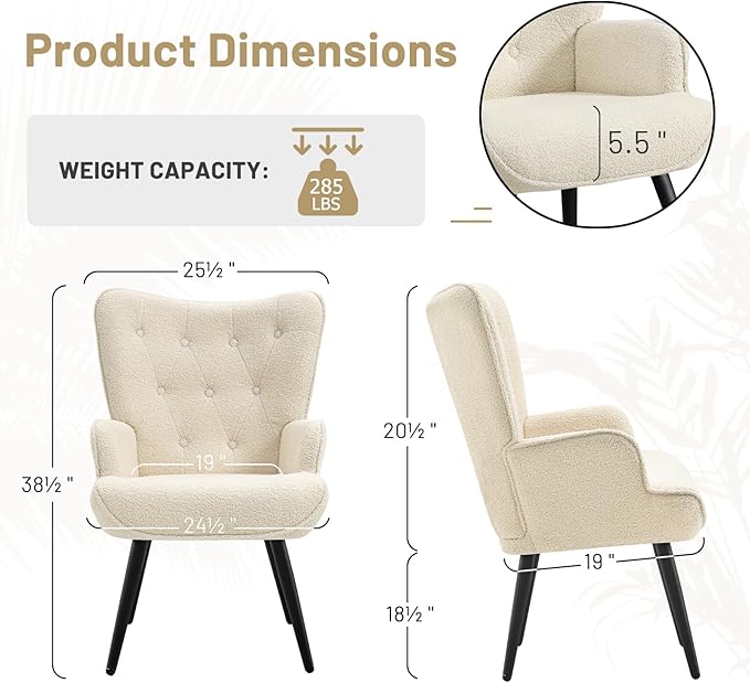Furniliving Boucle Accent Chair for Living Room Upholstered Reading Chair with High Backrest Tufted-Button Wingback Armchair for Bedroom Dressing Room Home Office Ivory White