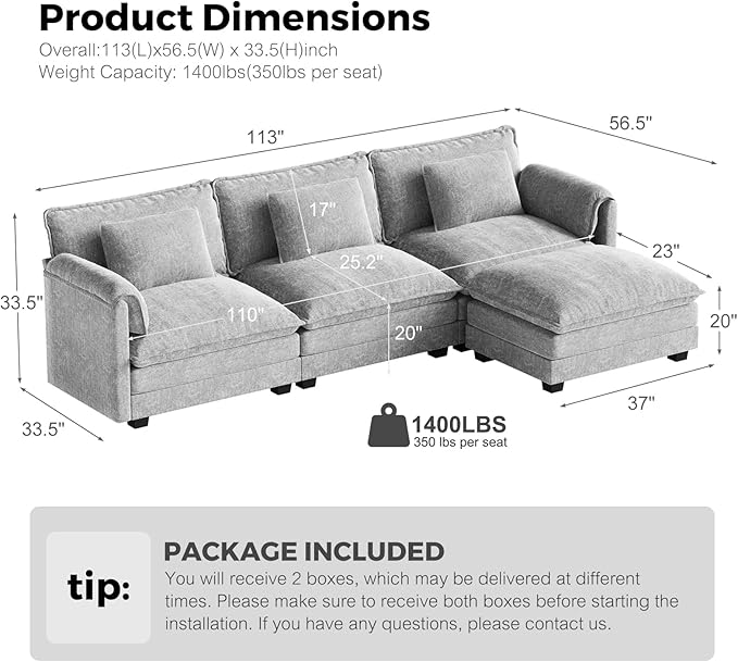 ELUCHANG 113 L Shaped Sectional Couch Comfy Cloud Modular Sectional Sofa with Movable Ottoman 4-Seat Deep Seat Modern Cloud Sofa Couches for Living Room Bedroom and Apartment Chenille Grey