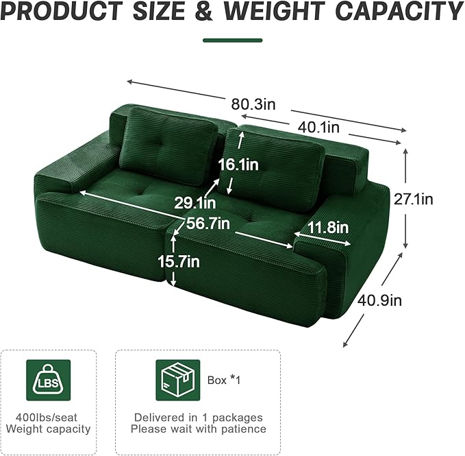 82 Modern Compressed Boneless Love Seat Couches 2 Seater Large Sectional Couches for Living Room Green Corduroy Cloud Modular Sectional Sofa Memory Foam Extra Deep Loveseat No Assembly