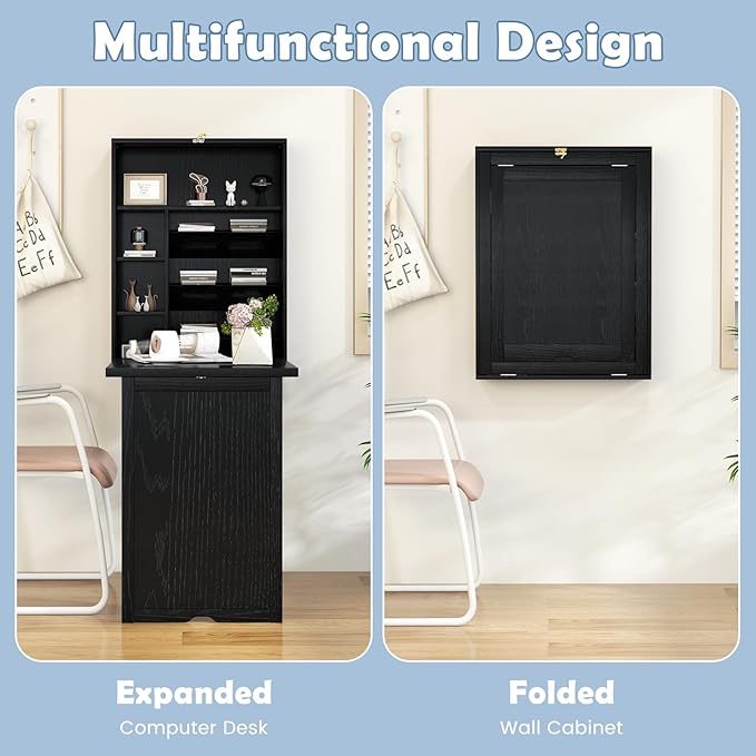 Tangkula Foldable Wall Mounted Desk Floating Desk with Storage Shelves &amp Hooks Space-Saving Fold-Up Murphy Table for Small Spaces Home Office Dorm Room