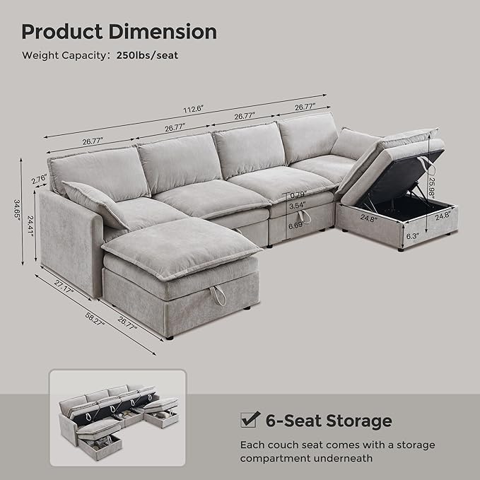 112.6 Sectional Couches for Living Room Cloud Couch Sectional with Large Storage U-Shape Modular Sectional Sofa with Ottoman 6 Seater Chenille Sofa with Pillow for Apartment Bedroom Light Gery