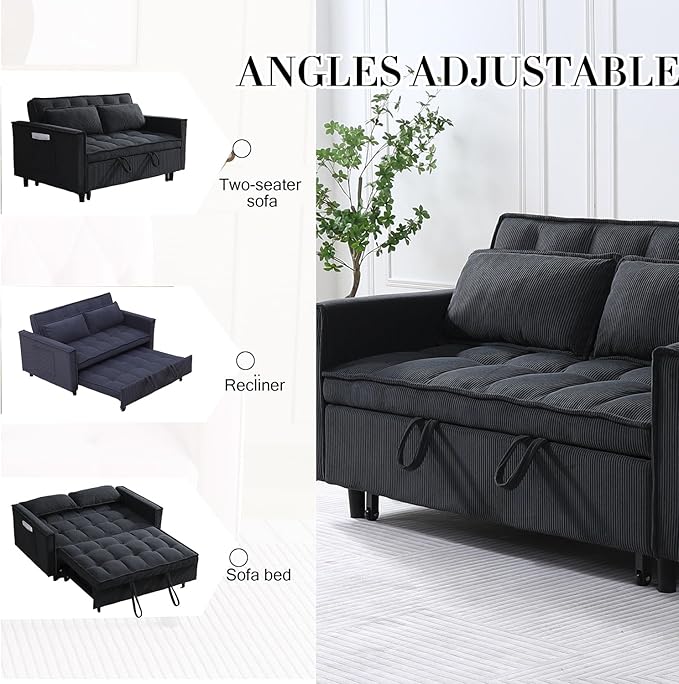 3 in 1 Corduroy Convertible Sofa Bed Pull Out Couch Bed with Reclining Backrest and 2 Pillows 54 Full Size Loveseat Sleeper Sofa Futon Couch Beds Couches for Small Spaces Living Room (Dark Grey)