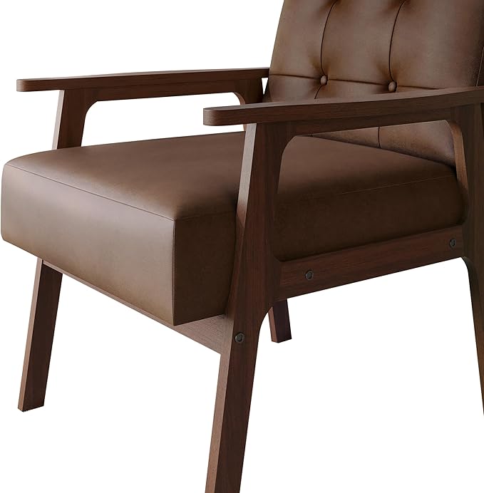 Accent Chair with Button-Tufted Polyurethane Upholstery Wooden Armrests Cushioned Seat Easy Assembly Brown