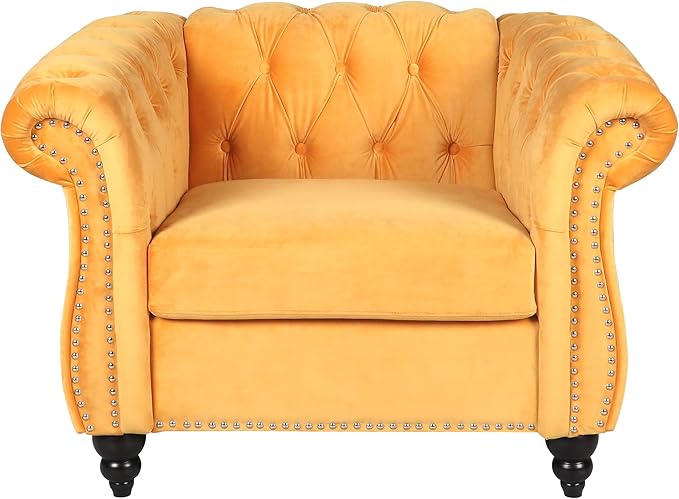 Accent ChairVelvet Chesterfield Sofa Modern Tufted Couch 1 Seater Sofa with Scroll Arms and Nailhead for Living Room Yellow