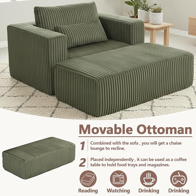 51” Oversized Boneless Chair with Ottoman Big Comfy Accent Chairs with Ottoman for Living Room Cloud Chaise Lounge Chair Indoor Plush Pillows|Corduroy (Saga Green)
