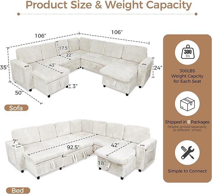 Modular Sectional Sleeper Sofa with Pull Out Bed Plush Corduroy L Shaped Couch with Storage Chaise USB Ports Cup Holders Comfy Cloud Couches for Living Room White