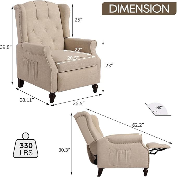 Wingback Recliner Chair with Massage and Heat Tufted Fabric Push Back Arm Chair Recliner Chair for Living Room Bedroom Home Theater (2Beige)