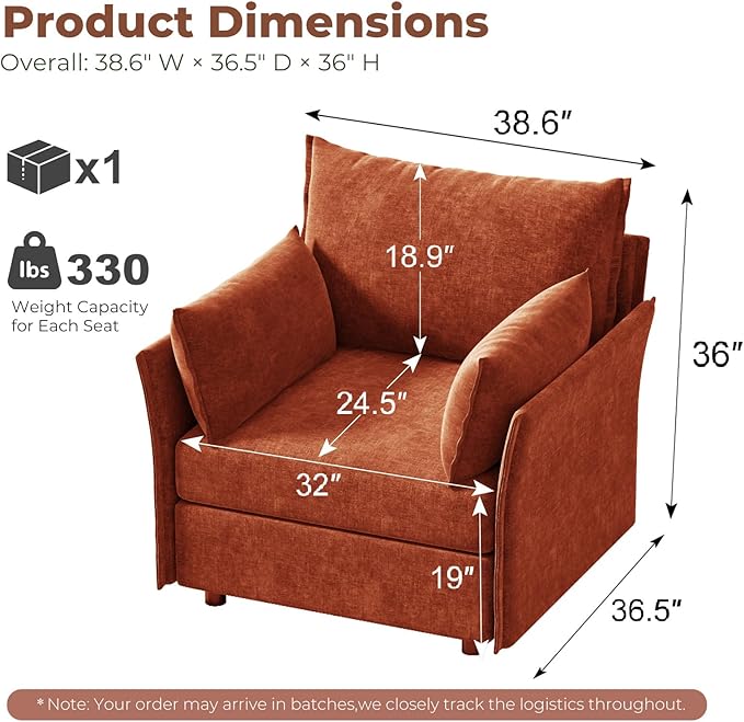 ABCASA Oversized Accent Chair Upholstered Modern Single Sofa Living Room Chair 24.5 Deep Seat Reading Chair Terracotta Orange Mid-Century Pet-Friendly Comfy Chenille Bedroom Armchair