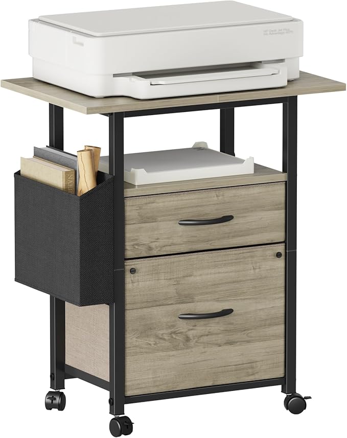 GYIIYUO 2 Drawer File Cabinet with 24'' Extended Desktop Mobile Filing Cabinet Rolling File Cabinet with Side Bag Fabric Drawer Fits A4/Letter Size Printer Stand Home Office Oak Grey