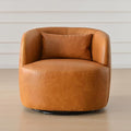 KINWELL 100% Top Grain Genuine Leather Swivel Barrel Armchair No Assembly Modern Upholstered Leather Swivel Accent Chairs with Toss Pillow for Living Room Office Lounge Camel