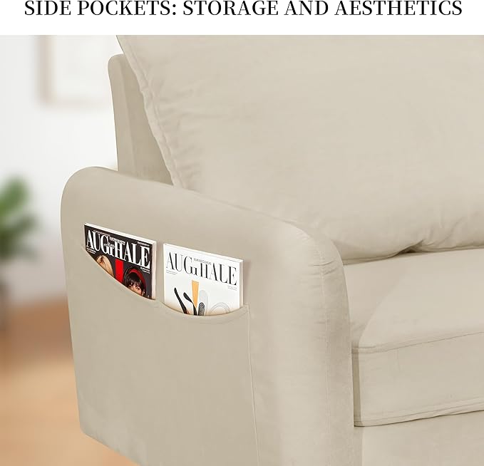 56.1 Round Arm Velvet Loveseat with Side Pockets and a Square Pillow (Beige) | Side Storage Pockets Pillow Included