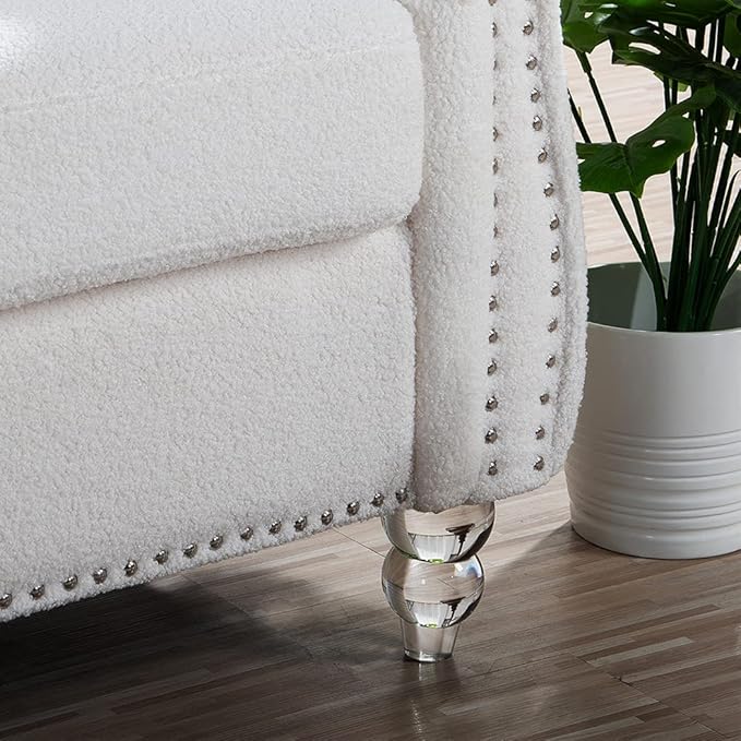 84 Modern Chesterfield Fabric Couch Rolled Arm Tufted Back 3 Seater Sofa Upholstery Nailhead Trim Couches for Living Room Office (White)