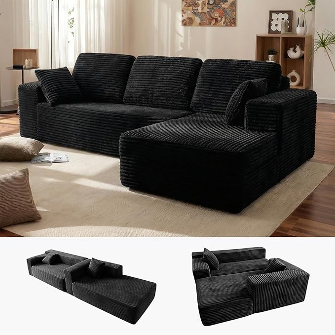 104” Boneless Couches for Living Room Modular Cloud Sectional Sofa with Chaise Deep Seat Upholstered No Assembly Required(Black L Shape with Right FacingChaise)