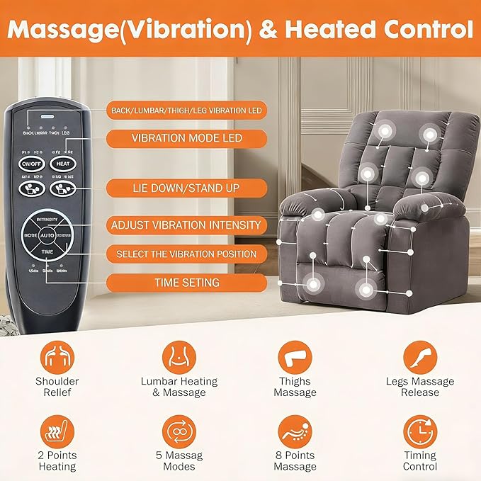 Power Lift Recliner Chair for Adult with Heated and Full Body Massage Glider Nursery Chair with Cup Holder and USB Charge Port Oversided Swivel Rocker Recliner for Living/Study/Bedroom Room Grey