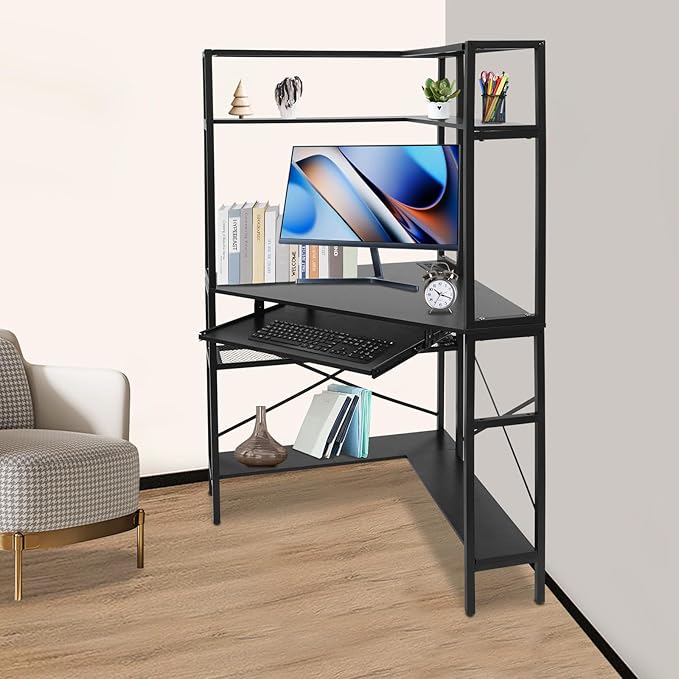 Corner Computer Desk with Power Outlets - 29.5x29.5x60in Gaming Desk with LED Light Strip &amp Storage Shelves for Home Office and Small Space