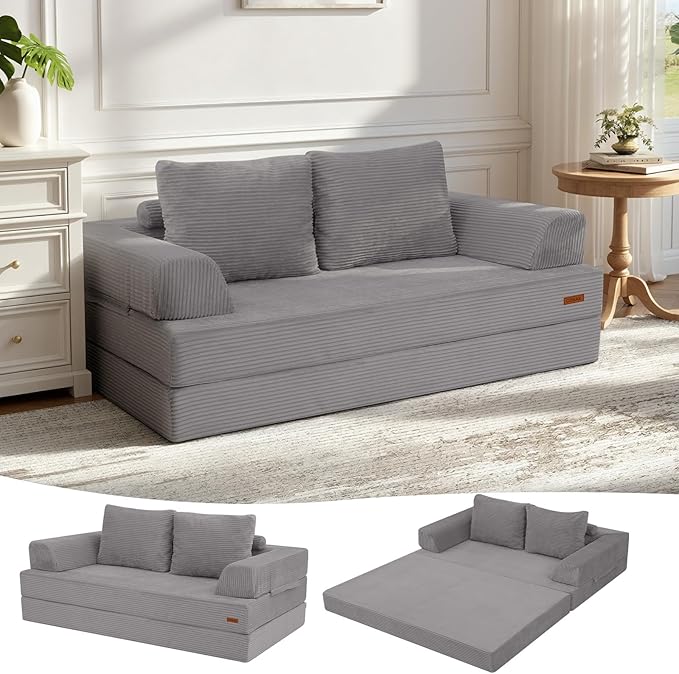 COMAX Convertible Sofa Bed Folding Floor Couch Corduroy Fold Out Couch Bed Futon Sleeper Mattress with Pillows Boneless Sofa Comfy Lounge Loveseat for Living Room Bedroom Light Grey