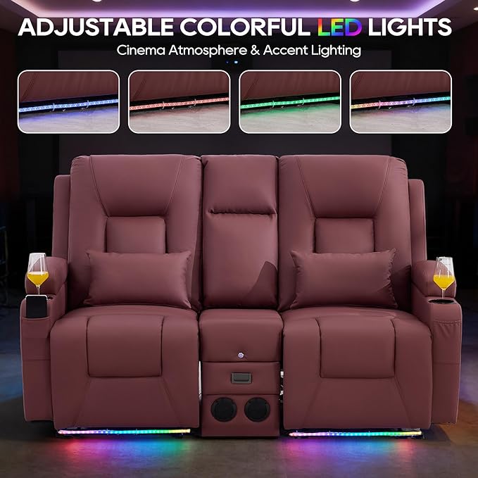 IPKIG Power Recliner Loveseat with Console Zero Wall Hugger Sofa Couch Faux Leather 2-Seater Sofa with LED Lights AC Outlets USB Ports Cup Holders Red | Storage Drawer Bluetooth Speaker Living
