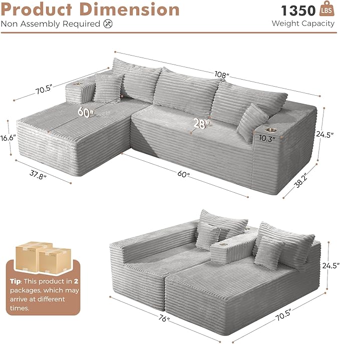 ELUCHANG Oversized 108” Boneless Couch Comfy Cloud Modular Sectional Sofa L-Shape Sofa with Chaise Memory Foam Upholstered Couch for Living Room Bedroom No Assembly Required Corduroy Grey